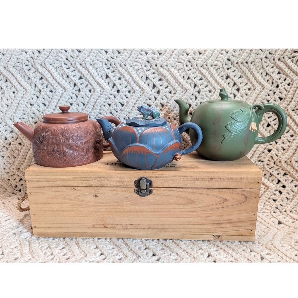 Vintage Yixing Zisha Clay Teapot Set of 3 Frog Lotus Landscape Artisan Signed